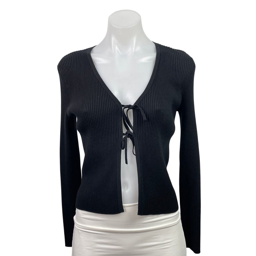Aqua Women's Black Ribbed Knit Long Sleeve Tie V Neck Cardigan Crop Top Size XS